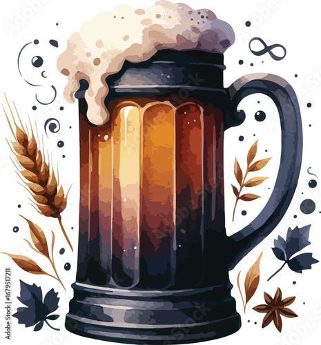 Watercolor Beer Mug with Wheat and Hops Oktoberfest Celebration and Craft Beer Imagery Perfect for Backgrounds and Product Promotion