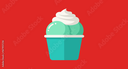 Refreshing iced mint green slushy drink with whipped cream topping on a vibrant red background