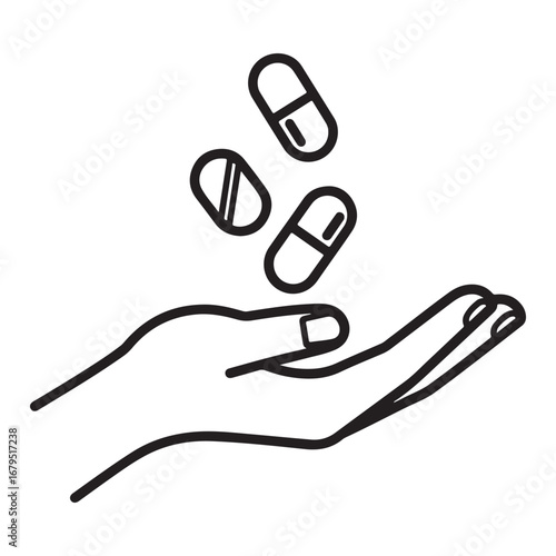 Line art illustration of a hand catching falling pills on a white background medicine drugs