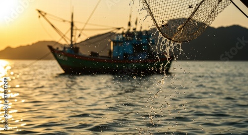 Fishing Boat at Sunset with Water Droplets and Fishing Net, Dramatic Lighting