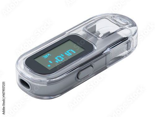 Small, light gray, handheld device with a clear protective casing.  Digital display shows time