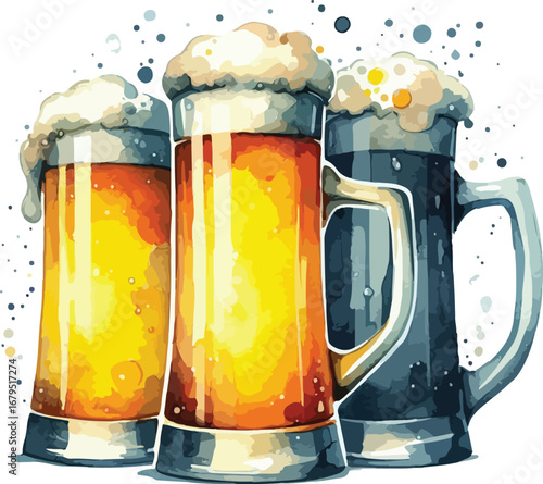 Watercolor Beer Mugs with Frothy Tops Illustration for Oktoberfest or Brewery Promotions Featuring Golden and Dark Lagers Perfect for Pub Marketing