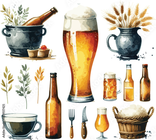 Watercolor Beer Still Life Illustration of Various Beer Types and Food Items on White Background Detailed Composition