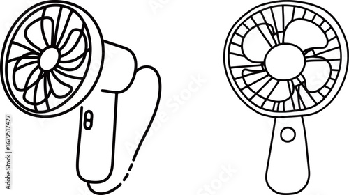 Set of small portable fans. Two black and white vector line drawings of handheld and clip-on fans, perfect for technology, summer, or cooling-themed designs and graphics.