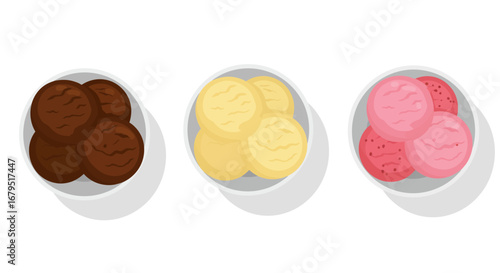 Three bowls of delicious ice cream in chocolate vanilla and strawberry flavors isolated on white background