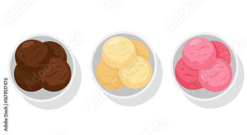 Three bowls of colorful ice cream scoops in chocolate vanilla and strawberry flavors on a white background