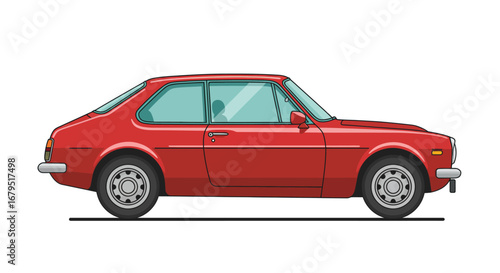 Classic red two door coupe sports car from the seventies side view isolated on white background