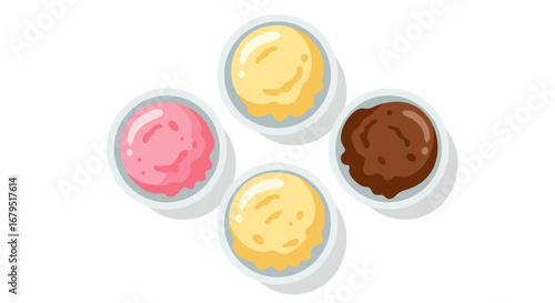 Four bowls of colorful ice cream flavors including strawberry vanilla and chocolate arranged in a diamond shape