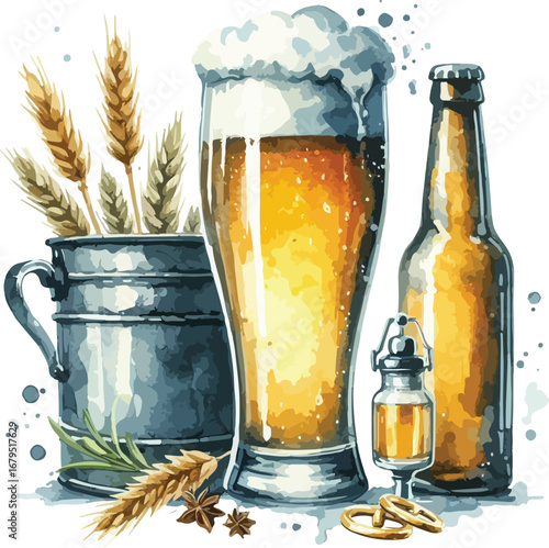 Watercolor Beer Still Life with Wheat and Pretzels Festive Oktoberfest Celebration Art Illustration Style Craft Beverage Concept