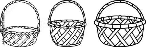 Set of black and white basket illustrations. Three unique vector line drawings of woven baskets with handles, ideal for home, gardening, or storage-themed designs.