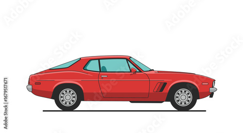 Classic red sports car coupe with sleek lines and tinted windows on white background