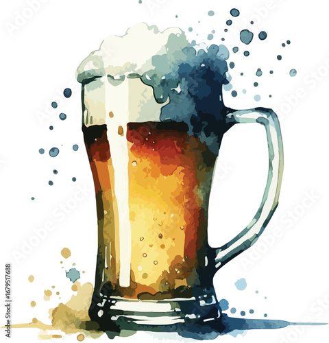 Watercolor illustration of a beer mug filled with frothy golden beer and splash effect celebration for craft beer lovers
