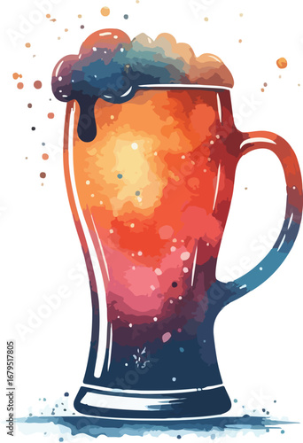 Watercolor Illustration of a Beer Mug with Colorful Foam and Splatters on White Background Artistic Style Beer Concept