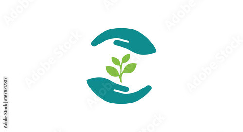 Two teal hands gently cradling a small green plant sprout symbolizing growth and care