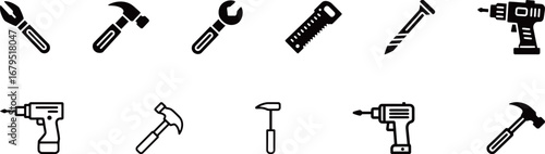 A set of various hand tools icons for construction and home repair. Hammer, screwdriver, saw, wrench and pliers