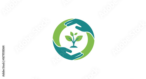 Two stylized hands forming an oval shape protect a small green plant growing from soil symbolizing growth and care