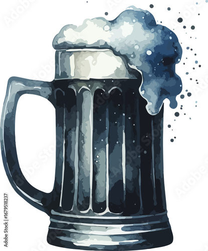 Watercolor Illustration of a Dark Beer Mug with Frothy Head isolated on White Background Celebratory Drink for Special Occasions