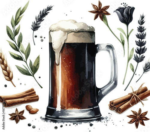Watercolor Illustration of a Dark Beer Mug with Spices and Herbs on White Background