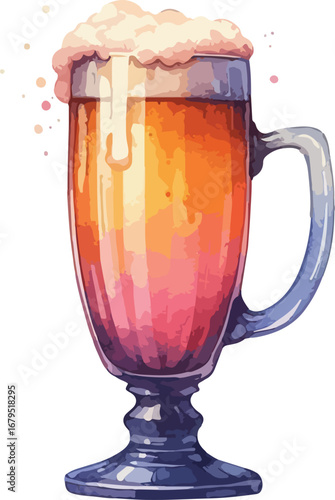 Watercolor Illustration of a Freshly Poured Beer in a Classic Glass with Frothy Head and Vibrant Colors for Festive Occasions