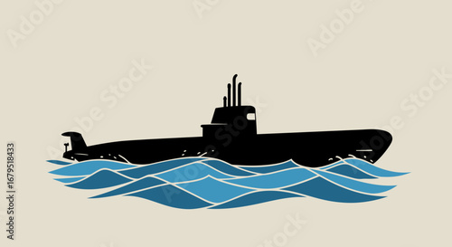 Silhouette of a black submarine sailing on blue ocean waves against a light beige background