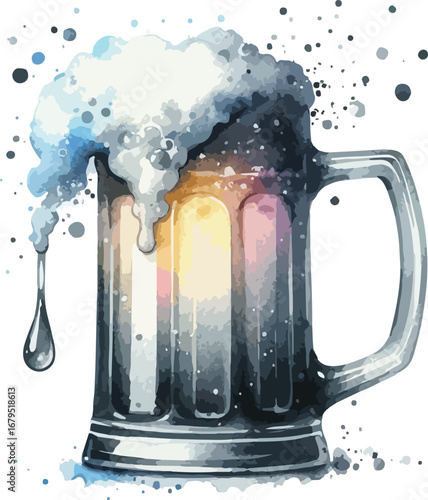 Watercolor Illustration of a Frothy Beer Mug with Colorful Splatters and Abstract Design for Craft Beer Marketing