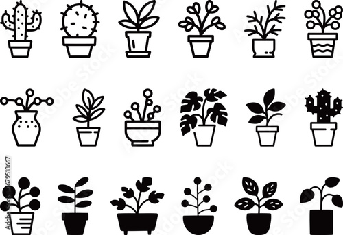 A collection of houseplant icons. Various indoor potted plants and succulents with leaves and branches in different shapes