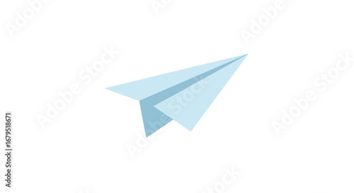A simple light blue paper airplane in flight against a clean white background symbolizing travel and dreams