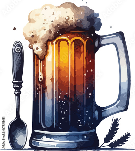 Watercolor Illustration of a Frothy Beer Mug with Spoon and Wheat Ears Perfect for Craft Beer Advertisements