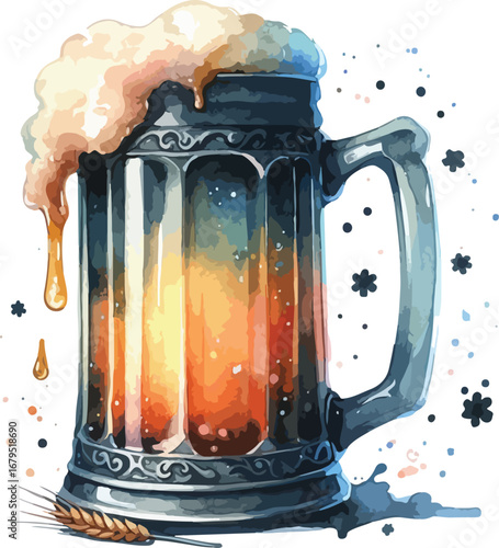 Watercolor Illustration of a Frothy Beer Mug with Wheat Accent Perfect for Oktoberfest Celebrations and Brewery Designs