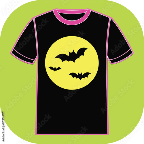 Black T- Shirt with Neon Pink Trim Featuring Bats and Yellow Moon t-shirt clothing