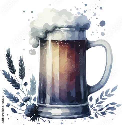Watercolor Illustration of a Full Beer Mug with Foamy Head and Wheat Stalks on a White Background for Oktoberfest Celebrations and Craft Brewery Designs