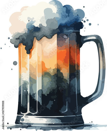 Watercolor Illustration of a Full Pint of Beer with Frothy Head Refreshing Beverage Art for Oktoberfest and Brewery Designs