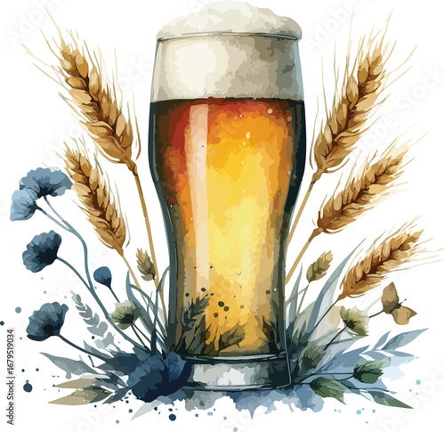 Watercolor illustration of a full glass of beer with wheat and flowers creating a rustic and inviting scene great for oktoberfest promotions
