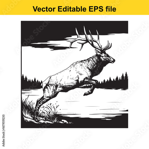 An elk majestic stag leaping across a river in a dramatic black and white illustration