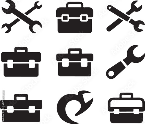 Toolbox and Wrench Collection Black Silhouette Vector Illustration for Repair Work
