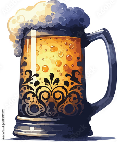 Watercolor Illustration of a Mug of Beer with Frothy Head and Detailed Design A Celebration of Craft Beverages