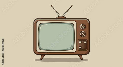 Retro vintage television with a wooden frame and antenna set against a neutral background