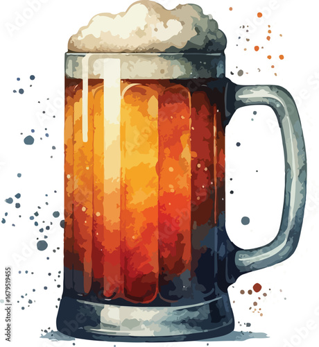 Watercolor Illustration of a Pint of Dark Beer with Frothy Head and Glass Mug on White Background Refreshing Beverage Image