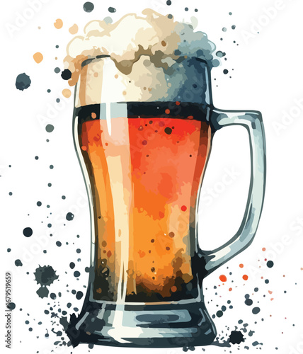 Watercolor Illustration of a Refreshing Beer with Frothy Head and Splatters A Perfect Image for Breweries and Pubs