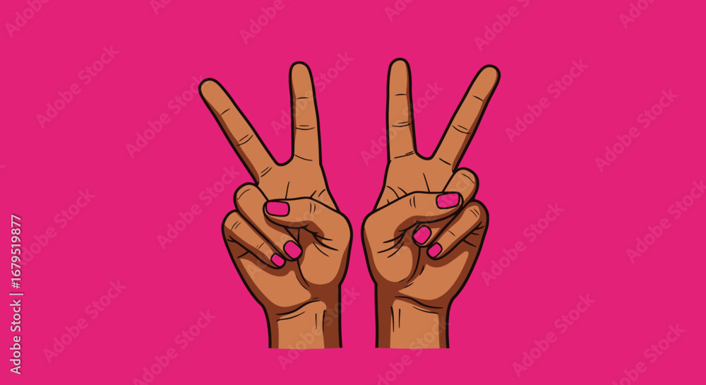 Fototapeta premium Two hands displaying the number three with peace signs against a vibrant pink background