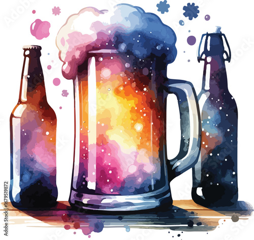 Watercolor Illustration of Beer Glass and Bottles with Abstract Colorful Design and Artistic Flair in Celebration