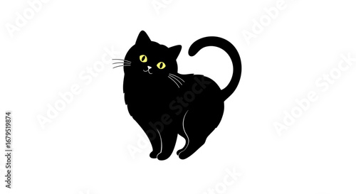Mysterious black cat with bright yellow eyes standing elegantly against a clean white background