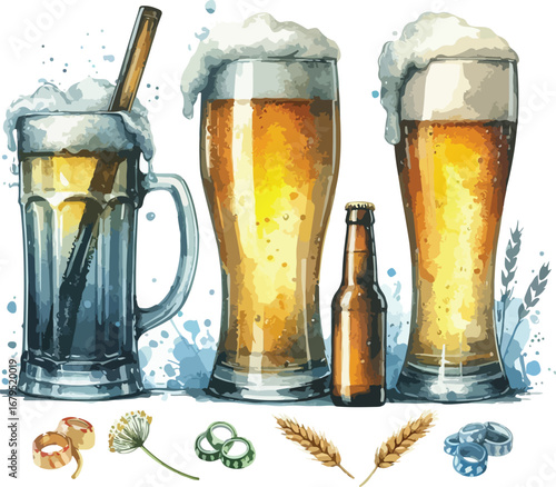 Watercolor Illustration of Beer Glasses and Bottle with Froth and Barley Ready for Oktoberfest Celebrations and Brewery Advertising