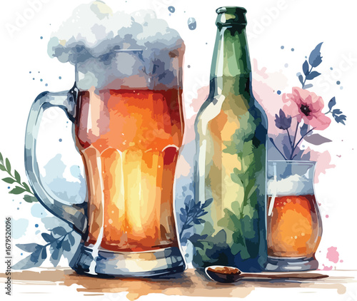 Watercolor Illustration of Beer Mug Bottle and Glass with Floral Decoration Ideal for Brewery Pub and Restaurant Designs