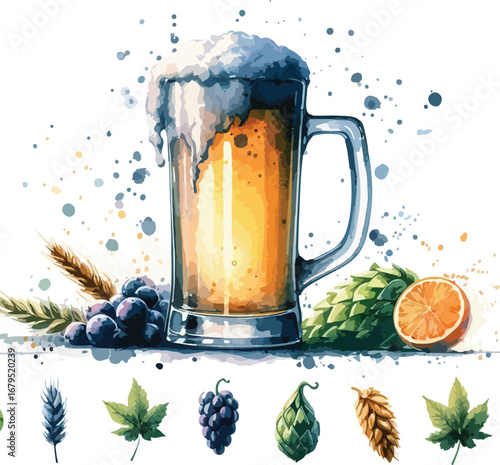 Watercolor Illustration of Beer Mug with Foam Grapes Hops and Orange Fresh Beverage and Ingredient Elements Depicted
