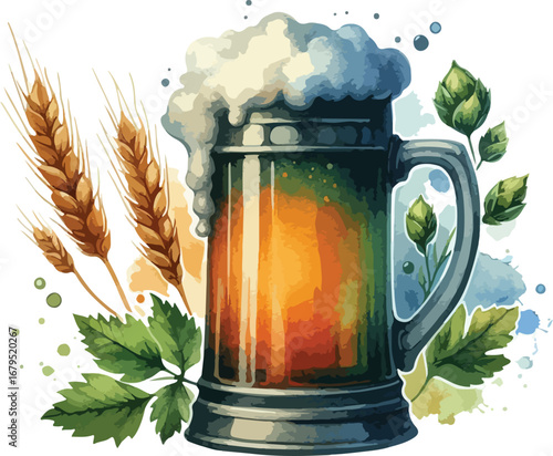 Watercolor Illustration of Beer Mug with Foam Wheat and Hops Brewery Concept with Rustic and Artistic Style Drink Representation