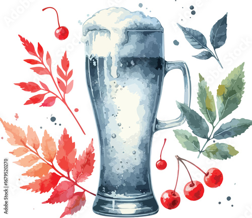 Watercolor illustration of beer mug with foam surrounded by autumn leaves and cherries fresh and vibrant painting perfect for backgrounds