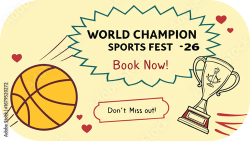 World Champion Sports Fest Banner with Basketball Trophy and Hearts vector illustration