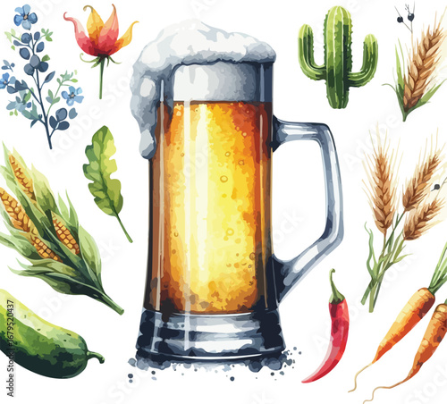 Watercolor Illustration of Beer Mug with Vegetables and Plants for a Fresh and Natural Beverage Concept