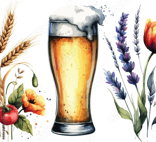 Watercolor Illustration of Beer with Flowers Wheat and Lavender for Craft Beer Festival and Summer Drink Concepts